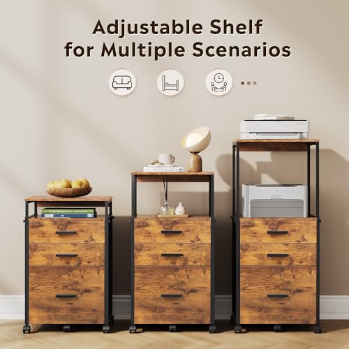 DEVAISE 3 Drawer File Cabinet with Adjustable Shelves, Rustic Brown | Rolling Wooden Filing Cabinet Mobile Printer Stand for Home Office, 15.7" D x 17.7" W x 40.3" H - color: Rustic Brown, size: 3 Drawer