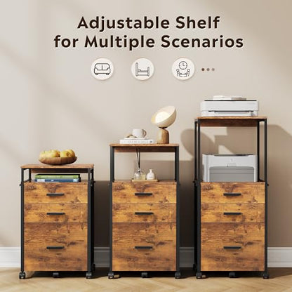 DEVAISE 3 Drawer File Cabinet with Adjustable Shelves, Rustic Brown | Rolling Wooden Filing Cabinet Mobile Printer Stand for Home Office, 15.7" D x 17.7" W x 40.3" H - color: Rustic Brown, size: 3 Drawer