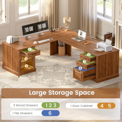 SEDETA 69" L Shaped Computer Desk with 4 Drawers, Storage Cabinet - color: Brown, size: L Shaped Desk