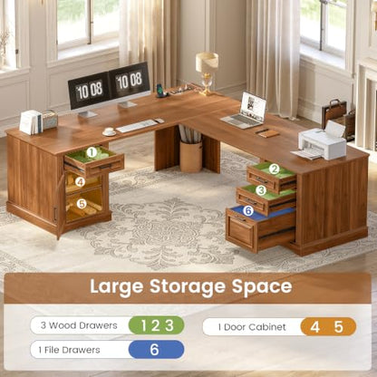 SEDETA 69" L Shaped Computer Desk with 4 Drawers, Storage Cabinet - color: Brown, size: L Shaped Desk