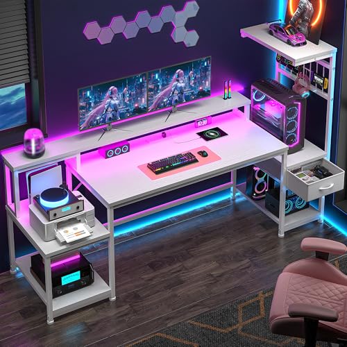 DurayLoly 63" Gaming Desk with RGB LED,Headphone Hook Shelves for Bedroom - color: White, size: 19.6"Dx63"Wx51"H