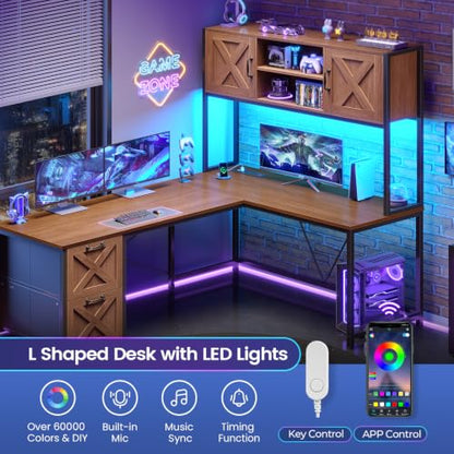 SEDETA Reversible Farmhouse L Shaped Office Desk with Drawer, Hutch - color: Brown