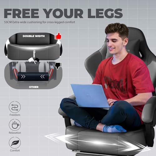 GTPLAYER Gaming Chair with Pocket Spring Cushion, Big and Tall Gamings Chairs 350LBS High Back Computer Chair with Footrest for Adults Lumbar Support Swivel Game Chair for Office, Leather Grey - color: Grey