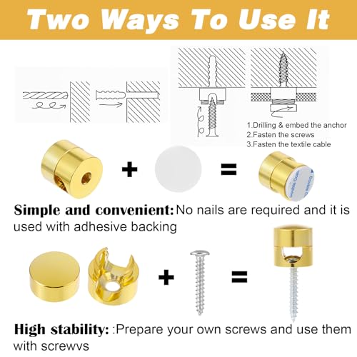 Cable Anchors Desk, 3 Sets Gold Adhesive Phone Charger Holders for Cords Adjustable Wire Organizers Gold Cord Management Clips Nightstand Office Swag Hook for Chandelier Ceiling Lights Cable