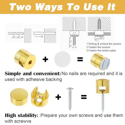 Cable Anchors Desk, 3 Sets Gold Adhesive Phone Charger Holders for Cords Adjustable Wire Organizers Gold Cord Management Clips Nightstand Office Swag Hook for Chandelier Ceiling Lights Cable