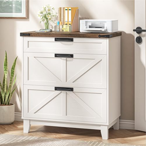 Halitaa Lateral File Cabinet with 3 Drawers, Wood Farmhouse File Cabinet for Home Office, Large Filing Storage Cabinets Printer Stand for Letter/Legal/A4 Size Hanging File, White and Brown - color: Farmhouse White