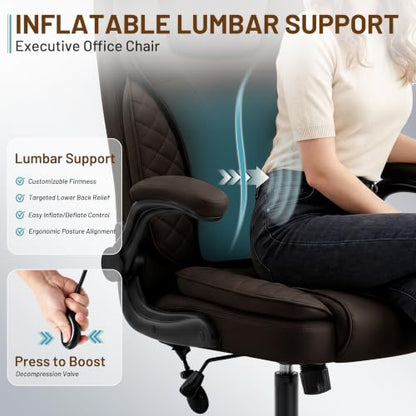 Ergonomic Office Chair, PU Leather High Back Executive Chair with Adjustable Inflatable Lumbar Support and Padded Flip-Up Arms, Recline Swivel Task Computer Chair for Home Office, Dark Brown - color: Dark Brown