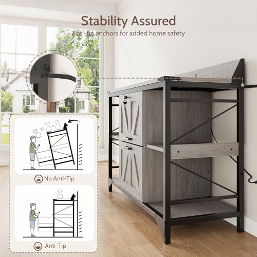 44" File Cabinet, Lateral Filing Cabinet for Home Office with 2 Drawers, Office Storage Cabinet with Lock and Key, Wooden Printer Stand with 4 Storage Shelves and Power Outlets, Office Furniture, Grey - color: Grey