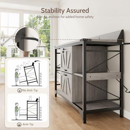 44" File Cabinet, Lateral Filing Cabinet for Home Office with 2 Drawers, Office Storage Cabinet with Lock and Key, Wooden Printer Stand with 4 Storage Shelves and Power Outlets, Office Furniture, Grey - color: Grey