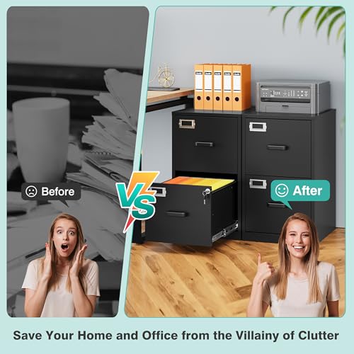 2 Drawer File Cabinet with Lock,Narrow Vertical Filing Cabinet,Under Desk File Cabinets,Black Metal File Cabinets for Home Office,Fit Letter/A4/Legal Size File, Easy Assembly - color: Black, style: 2 Drawer