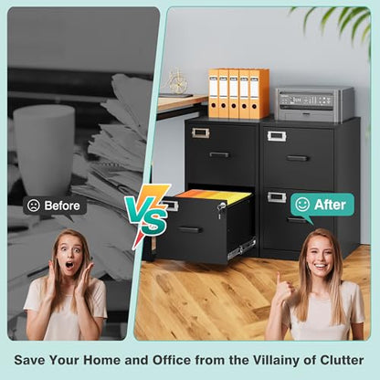 2 Drawer File Cabinet with Lock,Narrow Vertical Filing Cabinet,Under Desk File Cabinets,Black Metal File Cabinets for Home Office,Fit Letter/A4/Legal Size File, Easy Assembly - color: Black, style: 2 Drawer