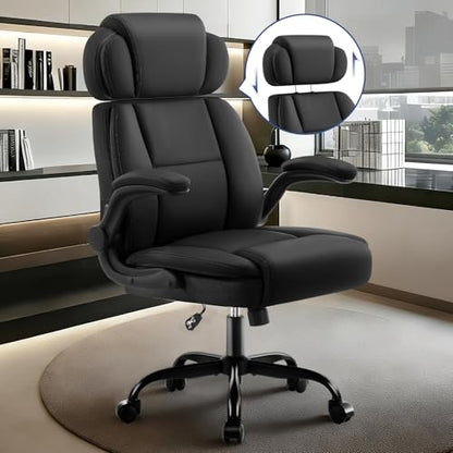 Ergonomic Office Chair with Lumbar Support, 400lbs Heavy Duty Big and Tall Executive Desk Chair, PU Leather High Back Computer Chair with Flip-Up Arms & Adjustable Headrest, Black - color: Black, size: Adjustable Headrest Office Chair
