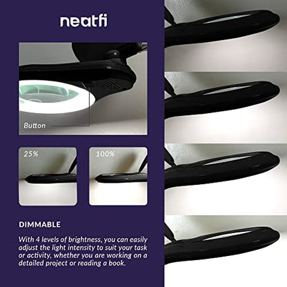 Neatfi LED Magnifying Lamp 1,200 Lumens with Clamp – 5” 5-Diopter Glass Lens, Dimmable Task Light | Adjustable Arm | Reading, Sewing & Crafting (Black, 5-Diopter) - color: Black, size: 5-Diopter