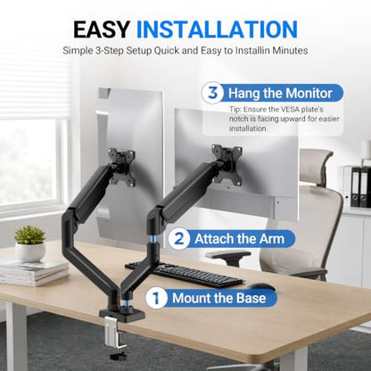 GRIFEMA Gas Spring Monitor Mount for 13-32″, Dual Monitor Arm, Easy Install | Full Motion Adjustable 360° Rotate Swivel Tilt, Up to 19.8 Lbs Each, VESA 75/100mm, Monitor Stand for Home Office Gaming Desk - size: Dual Arm