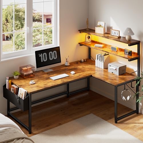 DurayLoly 53"L Shaped Desk with Storage Shelf,Side Bag,Hook for Small Space | Computer Desk with Open Shelves, Bag, Headset Hook; Organize Consoles, Cables to Maintain Neat Bedroom Space,Rustic Brown - color: Brown, size: 53Inch
