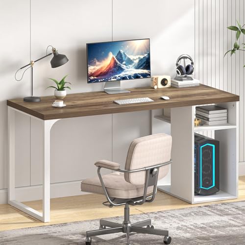 EXCEFUR Modern Computer Desk for Home Office, PC Gaming Desk with Reversible Storage Shelves, Study Writing Table Workstations for Living Room, 53 Inch, Rustic Oak and White - color: Oak+white