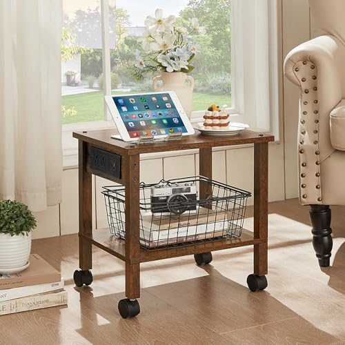 YUFAM 2 Tier Under Desk Printer Stand with Charging Station, Brown - color: Brown, size: 11.8"D×15.7"W×15.3"H(With USB)