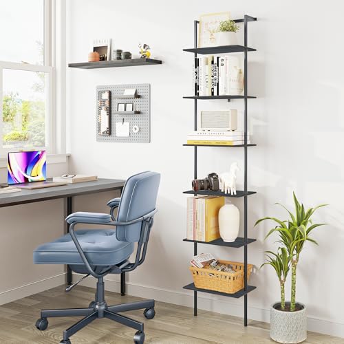 6-Tier Wall Mounted Ladder Shelf, Black, 77" H - color: Black, size: 6 Tier