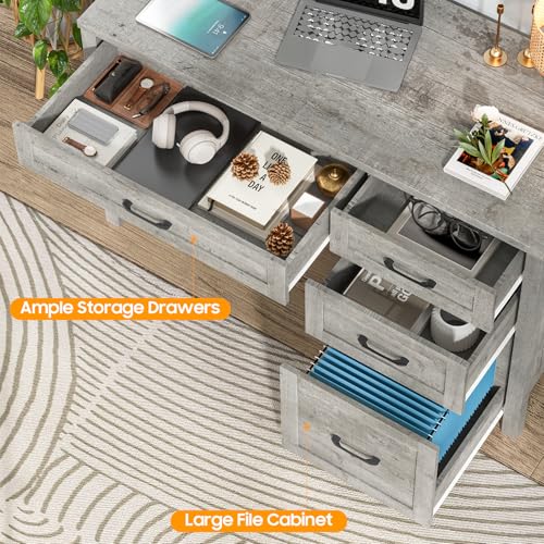 Vabches Farmhouse 47" Computer Desk, Executive Desk with File Drawer, Grey | Workstation, Charging Station, for Study, Home Office - color: Grey