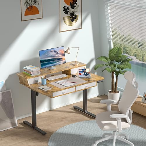 MSZ Sit & Standing Desk, Adjustable Height Electric Sit Stand Up Down Computer Table, 48x24 Inch Ergonomic Rising Modern Lift Motorized Gaming Desktop Work Home Office (Brown-Double Bookcase) - color: 4-brown-double Bookcase