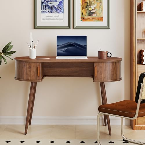 43" Wood Writing Desk, Laptop Desk with Storage, Vanity Table Study Desk | Mid-Century Writing Desk, Walnut Laptop Desk with Storage, Fluted Vanity Table Desk for Office, Bedroom, Study Room - color: Walnut-43 Inch