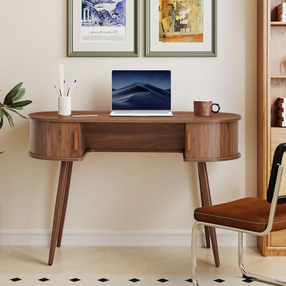 43" Wood Writing Desk, Laptop Desk with Storage, Vanity Table Study Desk | Mid-Century Writing Desk, Walnut Laptop Desk with Storage, Fluted Vanity Table Desk for Office, Bedroom, Study Room - color: Walnut-43 Inch