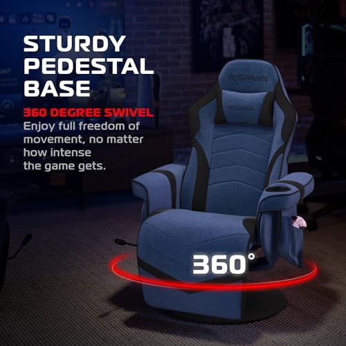 Respawn 900 Gaming Recliner Chair with Footrest, Cup Holder and Swivel | Ergonomic gaming recliner with footrest, cup holder, lumbar support, 135° recline & 360° swivel for console gaming - color: Blue Fabric