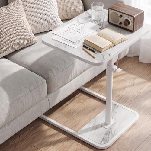 GOYLSER Large C Shaped Tv Trays Living Room End Table End Stand, White Marble Minimalist Wooden C Table for Sofa, Height Adjustable Tv Tray Tables Side Table for Dinner Eating - color: White Marble, style: Enlarged Standard