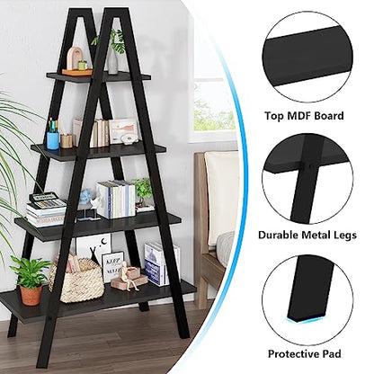 Recaceik 4-Tier A-Shaped Ladder Bookshelf, Industrial Wooden Bookcase with Metal Frame, Farmhouse Open Display Shelves for Living Room, Bedroom, Office - color: Black