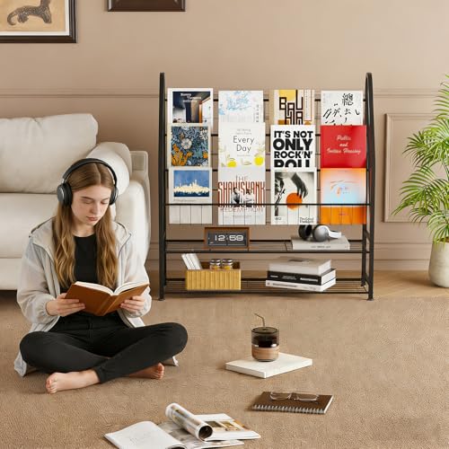 Arbuxzuy Magazine Rack Small Metal for Storage Freestanding 11.8" D x 32.3" W x 38.2" H, Sofa Height Book Shelf Short Inclined for Display and Storage, Ladder Bookcase for Home Office, Black - color: Black, size: Large