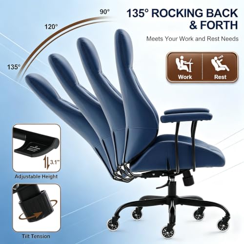 E-Motie Leather Office Chair, Mid Century Modern Desk Chair, Blue - color: Blue