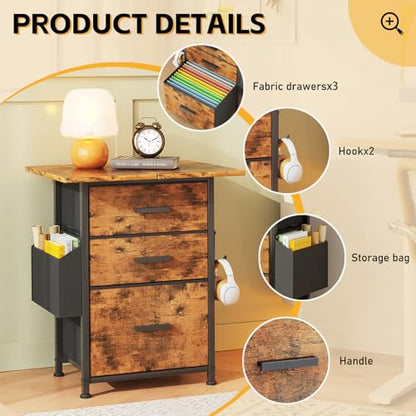 Mexin 3 Drawer File Cabinet with 22'' Extended Desktop, Mobile Filing Cabinet, Printer Stand, Rolling Printer Stand with Side Bag, Fabric Drawer, Fits A4 Size, Home Office,Rustic Brown - color: Rustic Brown