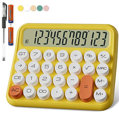 DECKLIT Mechanical Calculator 12 Digit, 5-Inch LCD Display, Battery Desk Calculator With Big Buttons, 15 Tilt Screen for Office and Kids (Yellow) - color: Yellow