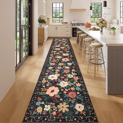 DUKINO 2x14 Runner Rug, Washable Long Kitchen Runner Rug Non Slip, Black | Floral, Low Pile, Soft Indoor Runner Rug for Hallway, Entryway, Bedroom, Bathroom, Laundry, Pet Friendly, Modern Home Decor - color: Black, size: 2' x 14' (Rectangular)