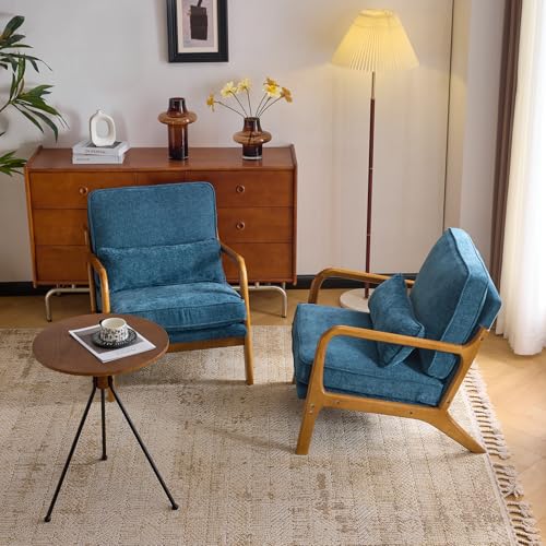VINGLI Chenille Mid-Century Modern Accent Chair Set of 2, Cute Reading Arm Chair with Cushion & Lumbar Pillow & Solid Wood Frame for Lounge, Living Room, Reading Room, Bedroom, Blue - color: Blue