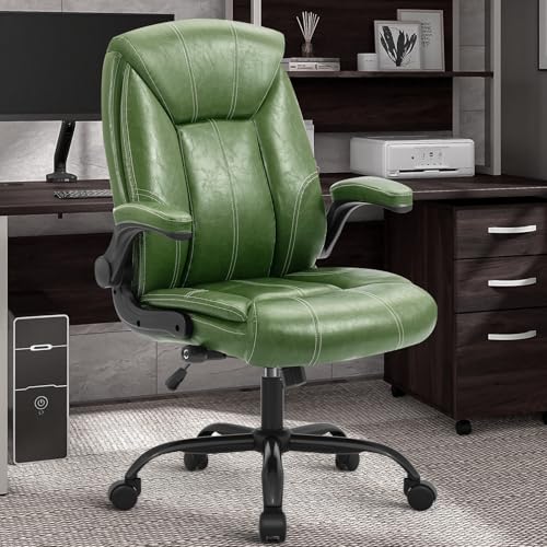 Executive Office Chair,Big and Tall Ergonomic Desk Chair with Adjustable Lumbar Support,Breathable PU Leather Computer Chair wih Flip-up Arms and Wheels,Green - color: Green