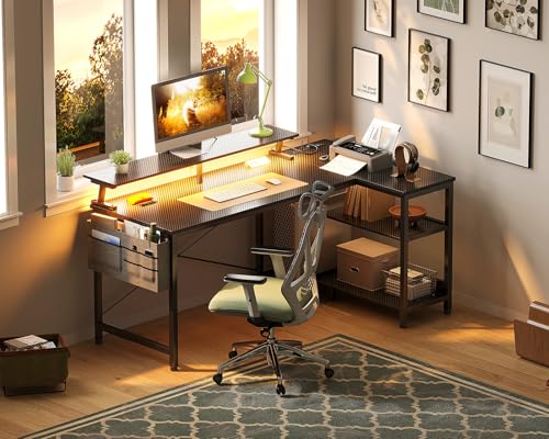 ODK 48 Inch L Shaped Gaming Desk with LED Lights, Power Outlets, Black - size: 48 Inch