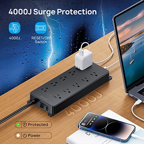 TROND Surge Protector Power Strip 10ft, 4000J + Desk Clamp Power Strip USB C, Surge Protector with 4 AC Outlets 4 USB Ports