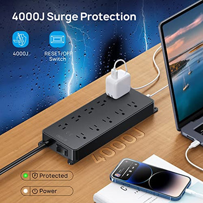 TROND Surge Protector Power Strip 10ft, 4000J + Desk Clamp Power Strip USB C, Surge Protector with 4 AC Outlets 4 USB Ports