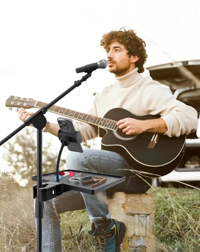 BILIONE Mic Stand Tray 10.6" x 7.8" Large with Crab Clamp for Mixers & Gear - style: Tray with Phone Holder