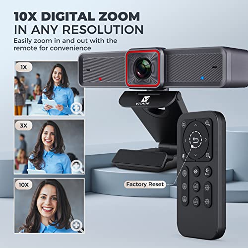 4K Webcam with AI-Powered Framing,Remote Control Web Camera/10X Digital Zoom 4k 30fps Web cam with USB 3.0 HDR/Dual Noise Cancelling Microphones for PC Mac, Streaming, Video Call, Zoom, Skype