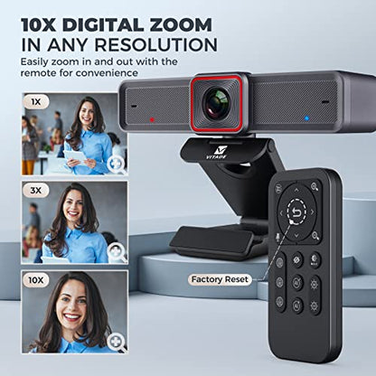 4K Webcam with AI-Powered Framing,Remote Control Web Camera/10X Digital Zoom 4k 30fps Web cam with USB 3.0 HDR/Dual Noise Cancelling Microphones for PC Mac, Streaming, Video Call, Zoom, Skype
