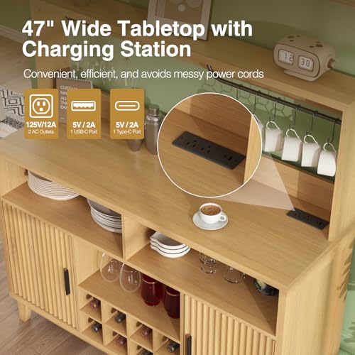 Fluted Buffet Cabinet with Storage, Modern Coffee Bar Cabinet, Natural - color: Wood Grain, size: Coffee Bar - 15.6"D x 47.2"W x 49.6"H