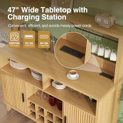 Fluted Buffet Cabinet with Storage, Modern Coffee Bar Cabinet, Natural - color: Wood Grain, size: Coffee Bar - 15.6"D x 47.2"W x 49.6"H