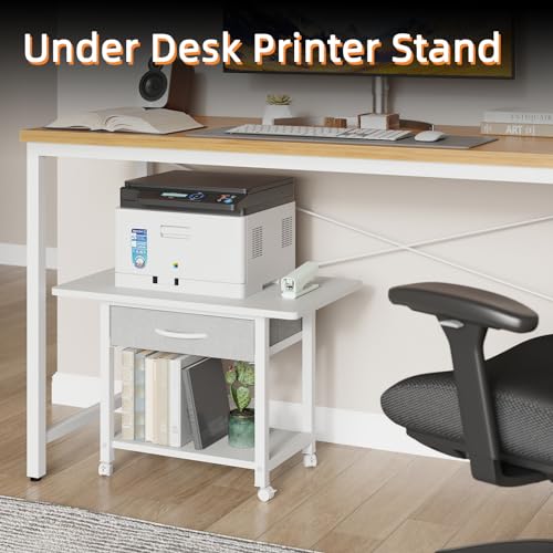 YAOHUOO 22"x15" Large Printer Stand with Drawer, 2-Tier Rolling Table Cart - color: White, size: 2-Tier