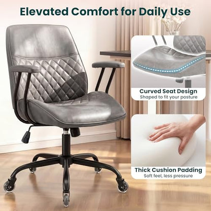 NEO CHAIR Leather Office Chair with Ergonomic Design, Swivel Chair, Grey | Modern Computer Desk Chair with Genuine Leather, Lumbar Support, Removable Arms, Comfy Chair for Home Office, Smooth Rolling - color: D. Mid-back Grey