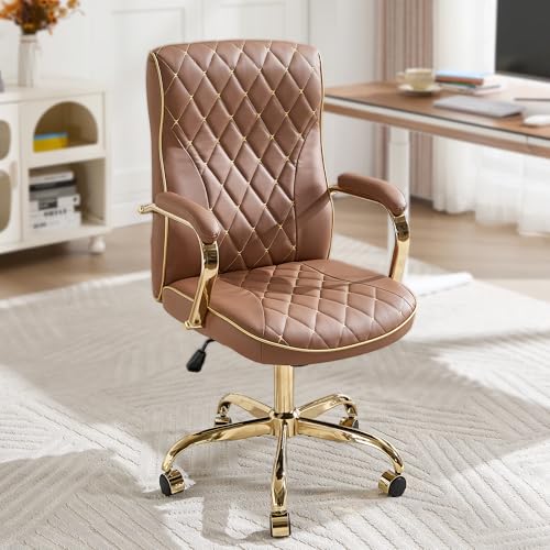 Brown and Gold Office Desk Chair,Conference Room Chairs,Mid Back Vintage Executive Leather Chair,Ergonomic Computer Swivel Chair with Rocking Function and Padded Arms,Adjustable Height - color: Brown