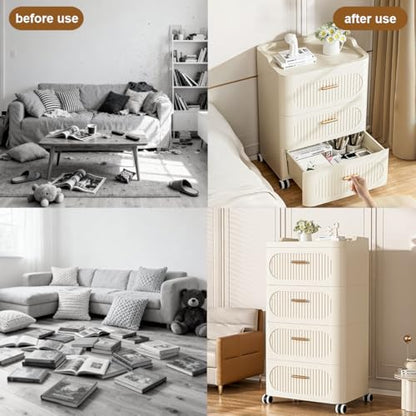 Rolling Storage Cart with Drawers, 5 Tier Drawer Storage Organizer, Drawer Tower Organization Storage Container with Wheels for Home, Office, Classroom and Dorm