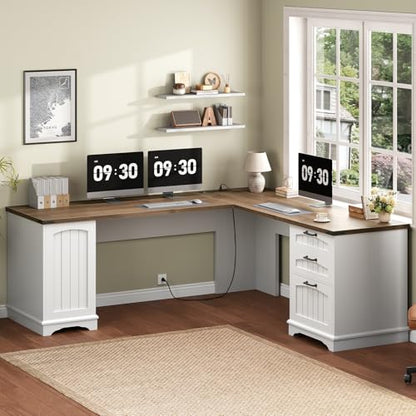 HOOBRO Farmhouse L Shaped Computer Desk, Computer Desk with Power Outlets, 59" Corner Office Desk with Filing Cabinet & Adjustable Shelves, for Home Office, Study, White and Walnut WH150UDN01