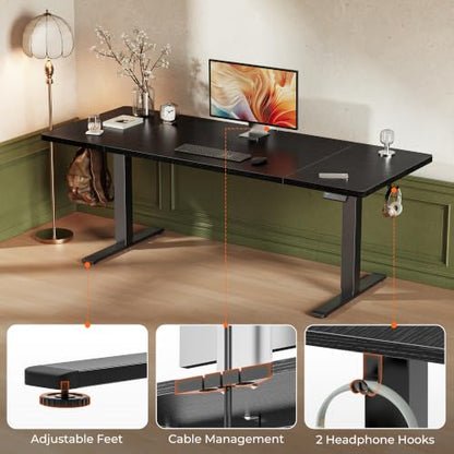 Huuger 71 x 30 Large Electric Standing Desk, Height Adjustable Computer Desk, 29.5" Deep Desktop, Stand up Gaming Office Table with 2 Hooks, 3 Preset Heights, for Home Office, Black - color: Black, size: 71*30 inch (no outlets)